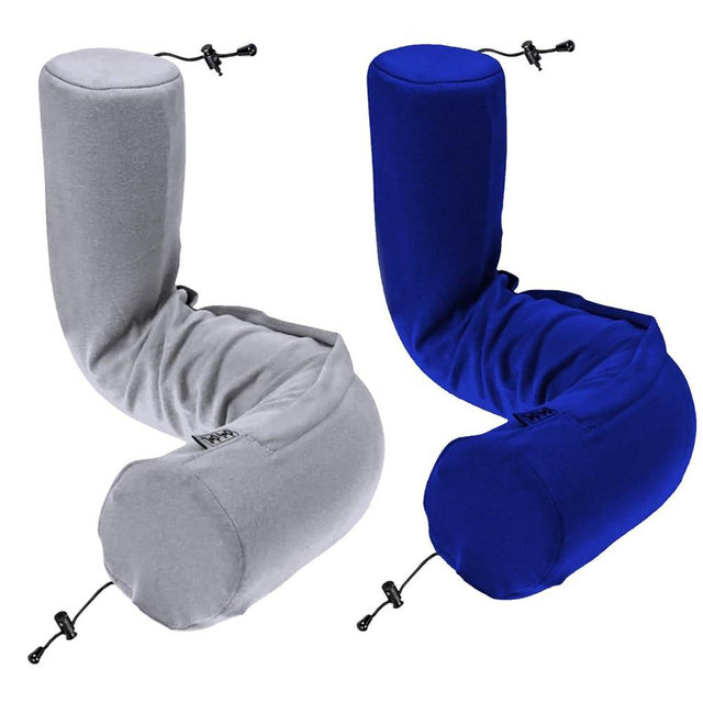 Dot&Dot Twist Memory Foam Travel Pillow for Airplanes - Travel Neck Pillow for Sleeping - Airplane Pillow for Neck Support, Chin, Lumbar and Leg - Adjustable, Bendable Neck Roll Pillow (Gray DBlue AC)