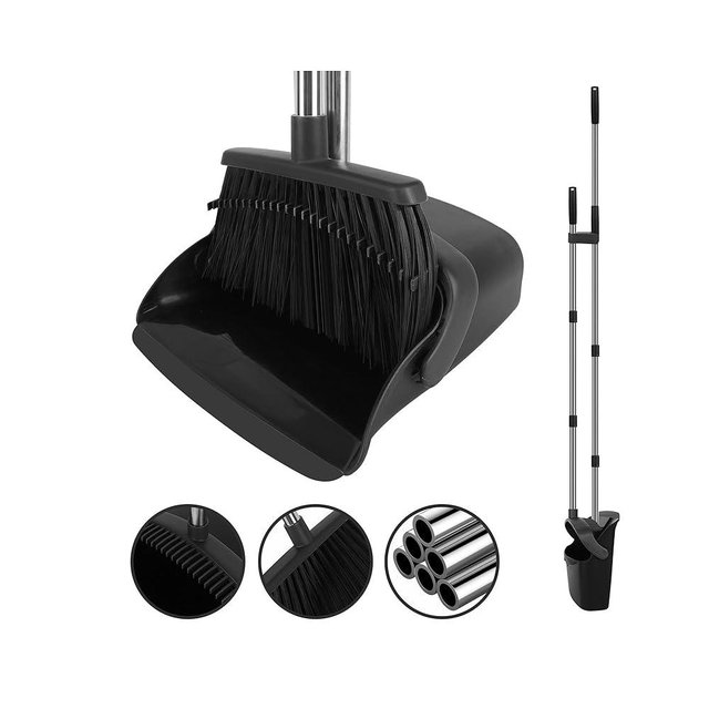 UDUK Broom and Dustpan Set, Large Household Dustpans and Broom with 55 Inch Long Handle, Black Broom with Dustpan Combo Set for Kitchen Lobby Office Indoor Outdoor
