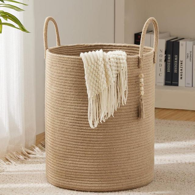 YOUDENOVA Jute Rope Laundry Hamper Basket, 72L Tall Woven Collapsible Baskets for Blanket Organizing Clothes Hamper for Laundry Room Storage