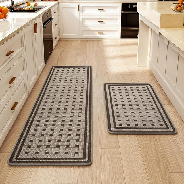 QiCaiJia Kitchen Mats for Floor, 17''x30''+17''x47'' Washable Absorbent Non Slip Kitchen Mat, Braided Kitchen Runner Rug, Kitchen Sink Rug, Brown