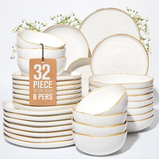 Pokini 32 Piece White Dinnerware Set with Pasta Bowls, Reactive Glaze Stoneware for 8 | Perfect for Multi‑Course Dinners, Hosting Large Groups, Holiday Serving Needs