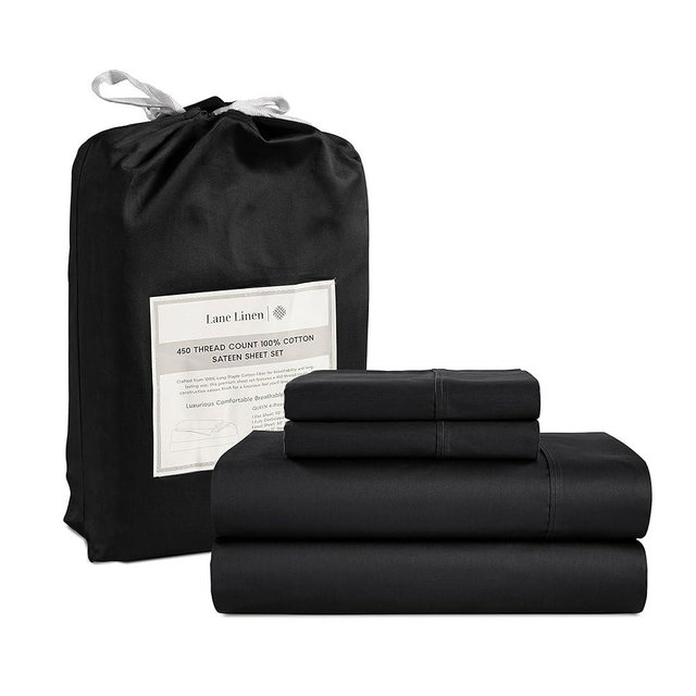 LANE LINEN Queen Bed Sheets, 4 Pc Queen Size Bed Sheet Set, 450 Thread Count 100% Cotton Bed Sheets, Queen Sheets Cooling, Breathable Sheets Queen, Deep Pocket Queen Sheets - Black Sheets