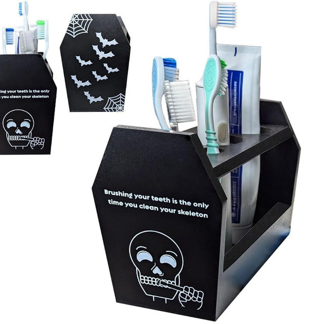 Black Coffin Toothbrush Holder for Halloween Kids Gothic Bathroom Decor, Goth Bathroom Horror Decor Accessories with Spooky Skull, Can Holds 4 Toothbrushes, 1 Electric Toothbrush, 1 Toothpaste