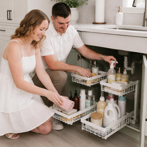 Kitstorack Under Sink Organizer, 2 Tier Under the Sink Storage, Slide out Pull out Cabinet Organizer Shelf, Metal Sliding Drawer for Kitchen Bathroom Pantry Closet Organization Rack, White, 2 Pack