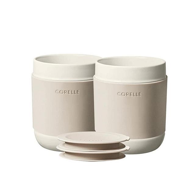 Corelle Oatmeal Stoneware Tumbler Set of Two | Silicone Lids for Hot or Cold Drinks | Four Piece Cup Set with Solid Glaze for Travel and at Home Coffee, Cold Drinks, and Teas