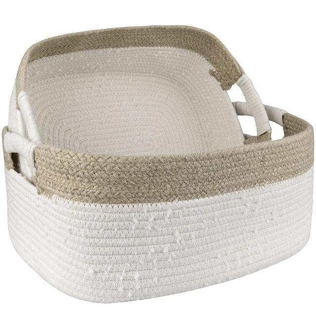 LA JOLIE MUSE 17” Large Cotton Rope Storage Basket Set of 2, Natural and Safe for Baby and Kids, Two-Tone Woven Organizers with Jute, White & Linen, 17×13×6.5 Inch