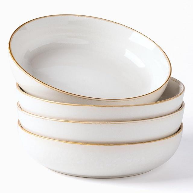 GBHOME 9'' Large Ceramic Pasta Bowls, 38oz Stoneware Pasta Serving Bowls Set of 4 for Kitchen, Wide Bowls for Fruit,Pasta,Salad,Oatmeal,Meal, Microwave Safe, Reactive Glaze-Pear White