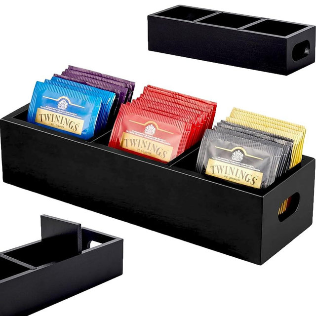 Tea Bag Organizer,Wooden Tea Bag Holder, Tea packet Storage Boxes Containers with 3 Slots,Sugar Packet Holder, Tea Bag Caddy Box for Countertop(Black)