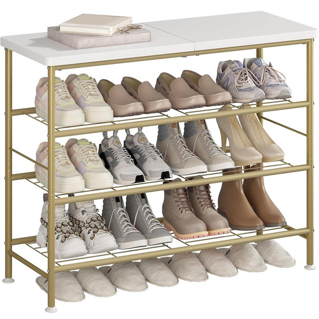 SUOERNUO Shoe Rack Organizer 4 Tier for Closet Entryway Free Standing Metal Storage Shoe Shelf with MDF Top Board，Gold