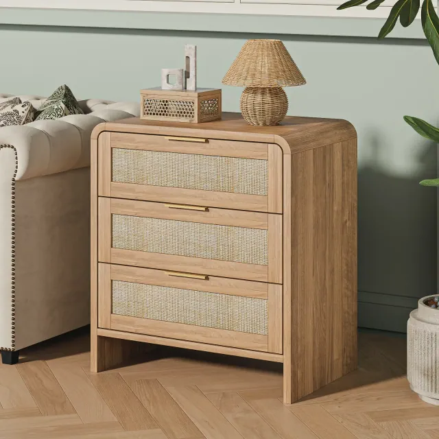 Set of 2 Rattan Nightstand Boho End Table Bed Beside Table Storage Sofa Side Table Accent Table with 3 Drawers, Caramel - ModernLuxe