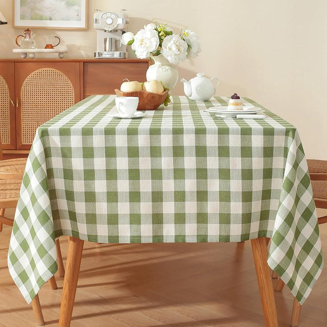 MoiNubone Green Gingham Tablecloth Rectangle 60"x 75", Spring Buffalo Checkered Table Cloth, Cotton Linen Wrinkle Free Washable Plaid Fabric Table Cover for Kitchen Dining Easter Picnic Party