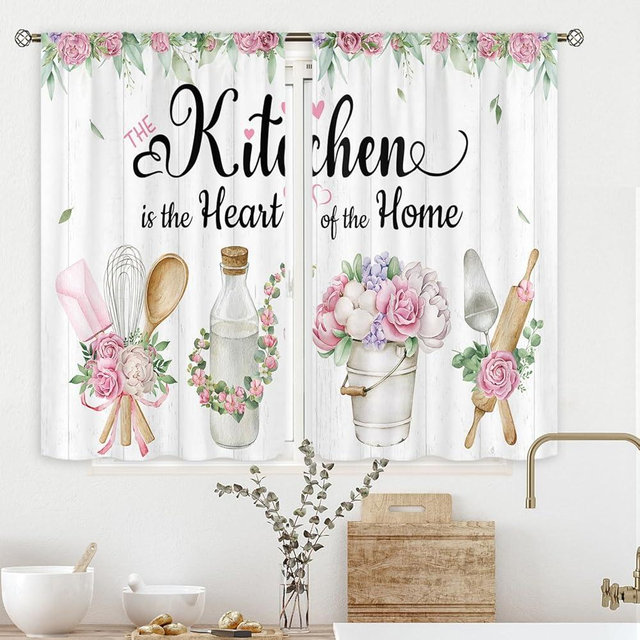 Cinbloo Farmhouse Pink Kitchen Curtains 27.5Wx39H Inch Rod Pocket Rustic Floral Curtains for Kitchen Spring Country Wooden Flower Art Printed Funny Quotes Window Drapes Treatment Fabric 2 Panels
