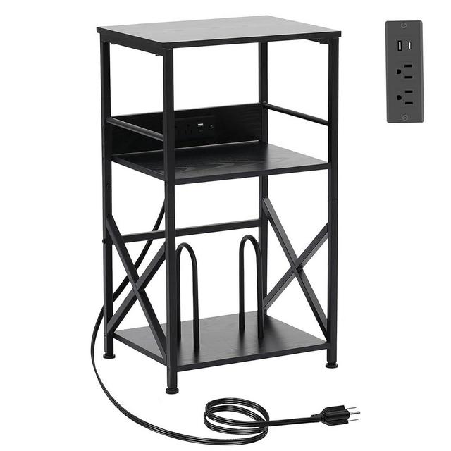 DALEMHOME Record Player Stand with Charging Station, 3-Tier Side Table for 100 Vinyl Storage, End Table for Living Room, Bedroom, Black HKET1001BK