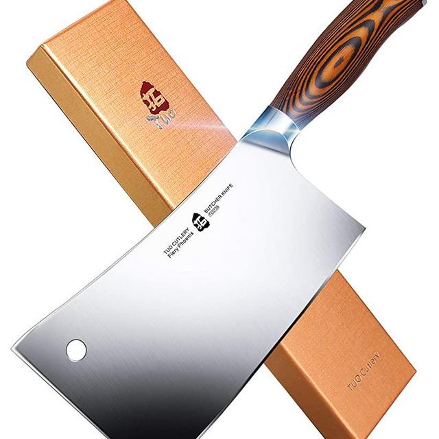 TUO Meat Cleaver - Heavy Duty Meat Chopper - High Carbon German Stainless Steel Butcher Knife - Pakkawood Handle Kitchen Chopping Knife - Gift Box - 7” - Fiery Phoenix Series