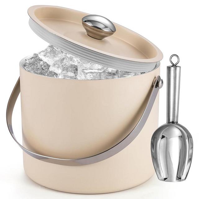 Ice Bucket (3 Liter) Stainless Steel Double Wall Insulated Ice Bucket with Lid & Scoop, Ice Buckets for Parties, Handle, Keeps Ice Cold for Hours, Great for Wine, Champagne, Cocktails (Beige)