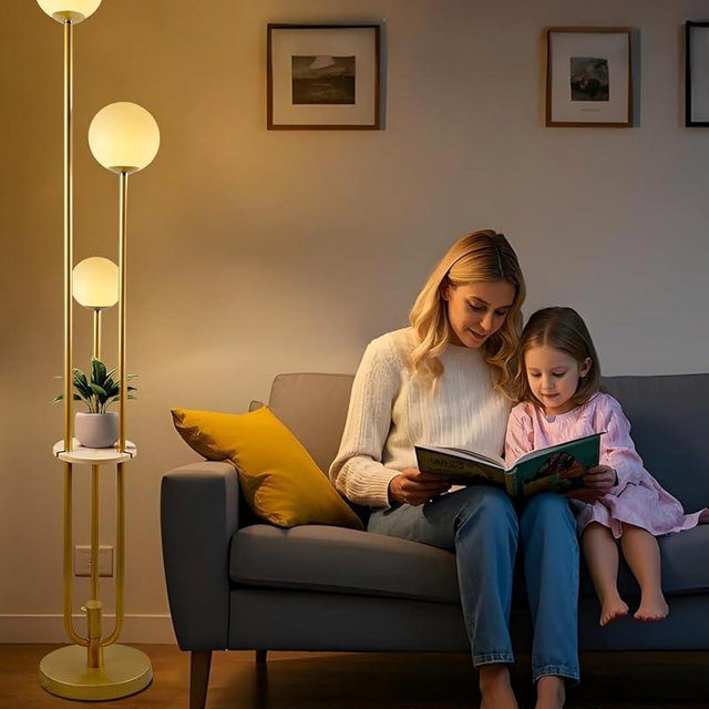 Lightdot 63IN Dimmable Gold Floor Lamp with Shelf Mid Century Standing Lamps with 3000K Warm Bulbs with Candle Holder Style Modern Globe Floor Lamp for Living Room/Party