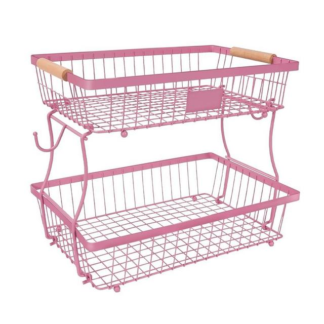 Lawhood-Mijin Fruit Basket Bowl 2 Tier Detachable with 2 Banana Hangers, Fruit Stand Holder for Kitchen Countertop, Metal Wire Vegetable Storage Organizer, for Bread Snack Veggies Produce, pink