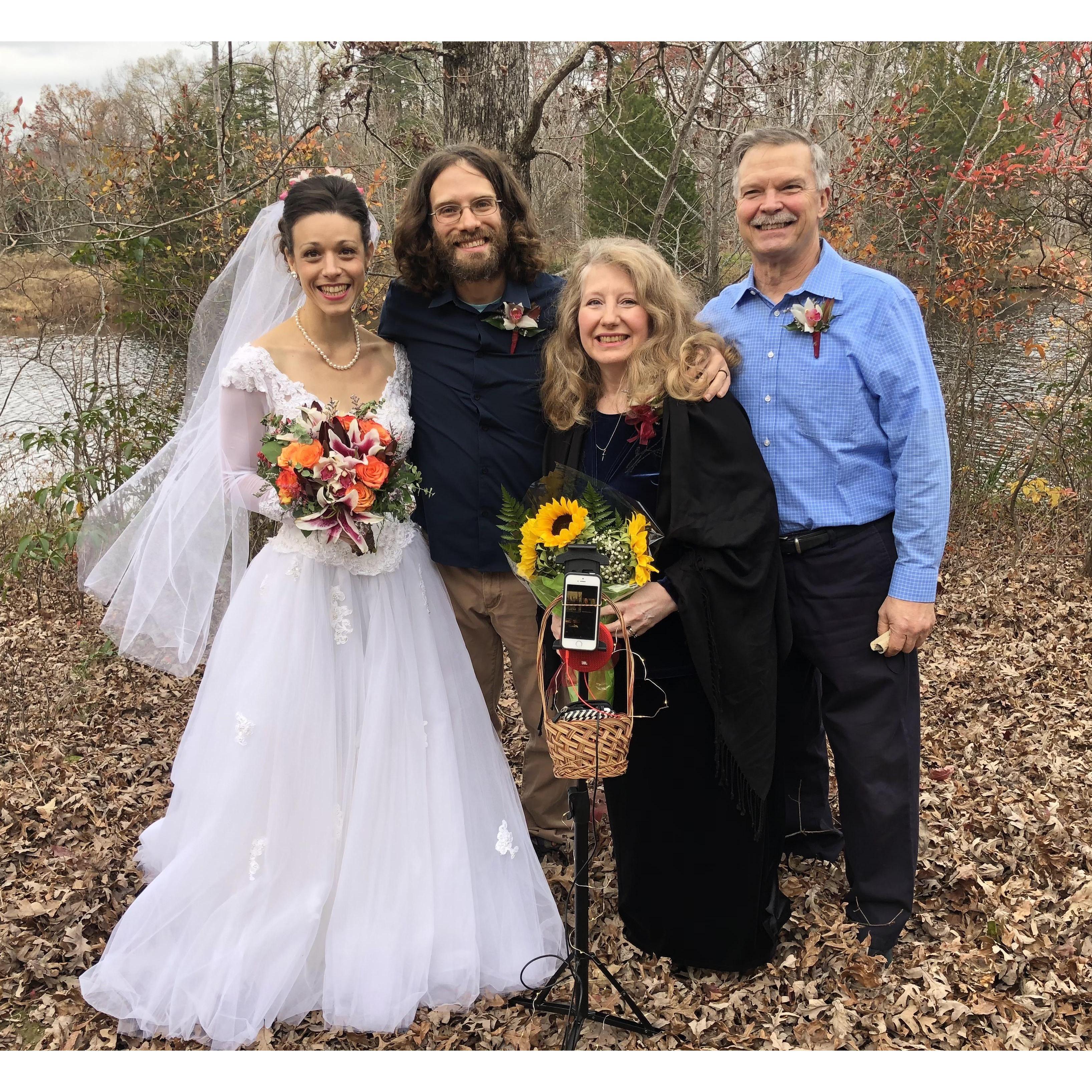 Us with Nick's parents and sister and brother in law (zooming in on the iPhone). Diana did a reading from Germany! During the ceremony we gave them sunflowers for our gratitude in raising Nick:)