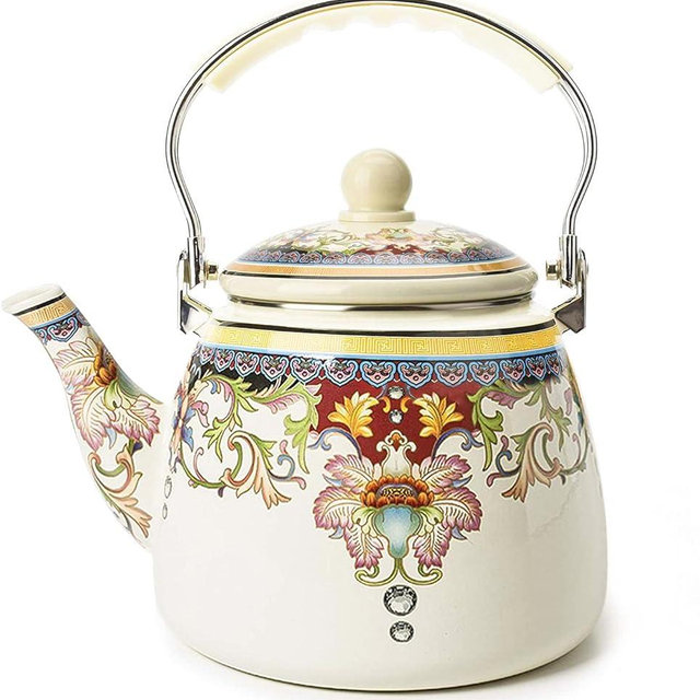 Floral Ceramic Enamel Teapot Tea Kettle for Stovetop,Large Porcelain Enameled Teakettle (3.3QT Mystery flower)
