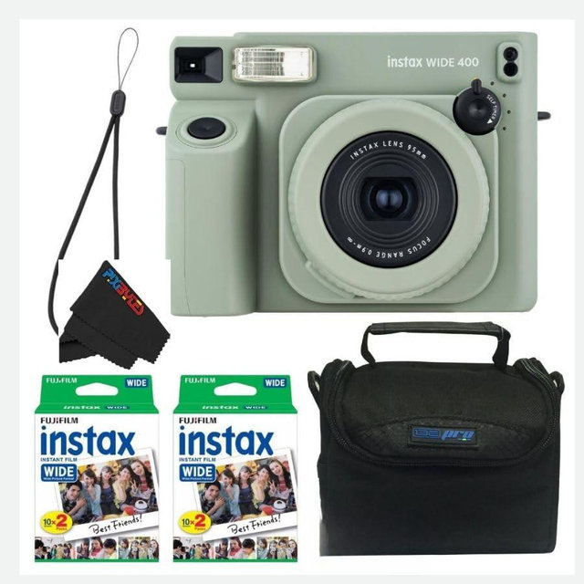 Fujifilm INSTAX Wide 400 Instant Camera - Sage Green with Pixibytes Microfiber Cleaning Cloth (Camera + 2 Wide Twin Packs/CC1)