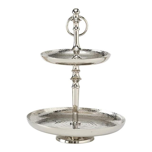 WHW Whole House Worlds Grand Hotel Round Metal Cake Tray Stand with 2 Tiers, Hammered and Incised Tooling, Polished Silver Aluminum, Luxurious Style, Pedestal Base, 11.75 Inches Tall (30.0 H cm)