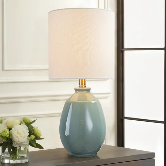 C Cattleya 19in. Celadon Green Crackle Glaze Ceramic Table Lamp with Yellow Linen Shade and Brass Finish Lamp Neck