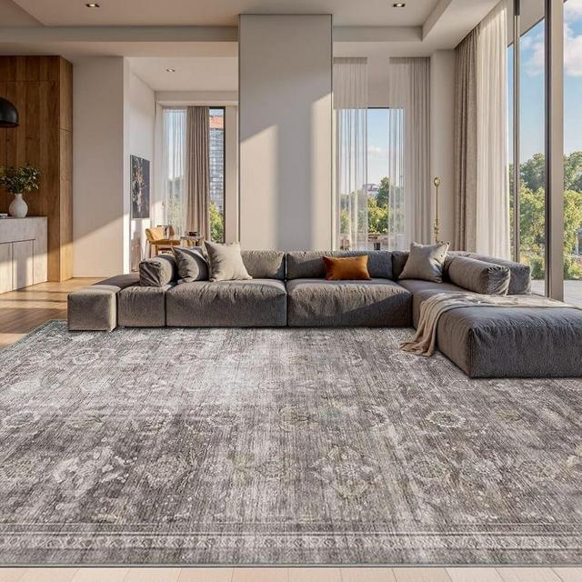 Rugxara 10x14 Area Rugs for Living Room Bedroom, Large Washable Rug, Grey Vintage Retro Boho Rug, Non Slip & Low Pile Faux Wool Thin Carpet for Indoor Dining Room and Kids Room(Taupe/Grey 10x14ft)