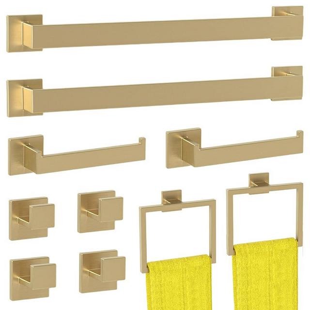 Bathroom Accessory Towel Bar Set: 10 Pieces Gold Square Bathroom Hardware SUS304 Stainless Steel - 24 Inch Wall Mounted Towel Rack&Toilet Paper Holder&Towel Ring and Towel Hook