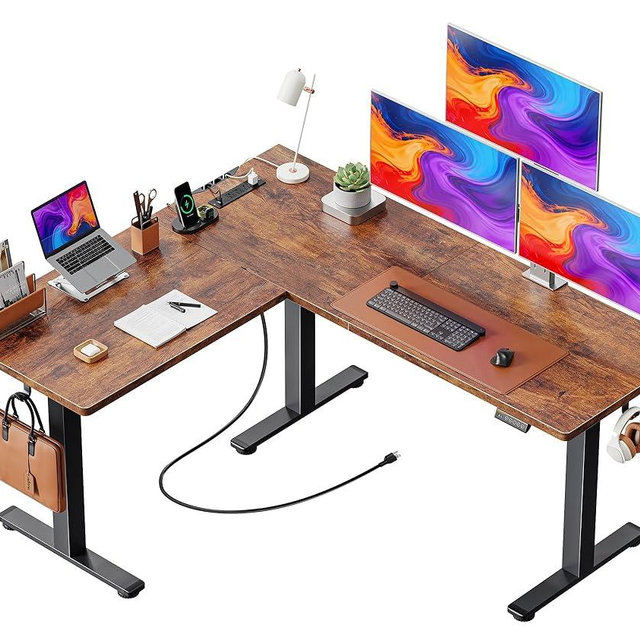 Huuger L Shaped Standing Desk with Power Outlets, 63 x 55 Inch Height Adjustable Computer Desk for Bedroom, Corner Stand up Desk for Home and Office, Work and Study, Rustic Brown