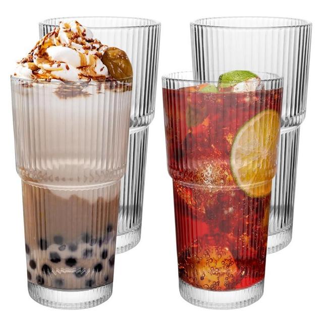 CHPINDAM Drinking Glasses，19oz Ribbed Glassware, 4 Pack Old Fashioned Glasses,Thickened glass for iced coffees, smoothies, cocktails and juices, perfect for families and parties (4)