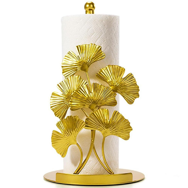 Shinlar Gold Ginkgo Paper Towel Holder Countertop - Gold Kitchen Decor and Accessories, Luxury Housewarming Gifts for Women, 3D Handmade Ginkgo Leaves Pattern, Weighted Base & Felt Pad