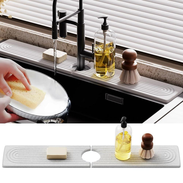 Slow Slog Quick Dry Sink Splash Guard, Instant Dry Stone Sink Tray around Faucet, Extended 23.6" Faucet Mat for Kitchen Sink, Diatomaceous Earth Sink Faucet Mat for Countertop Kitchen Bathroom, White