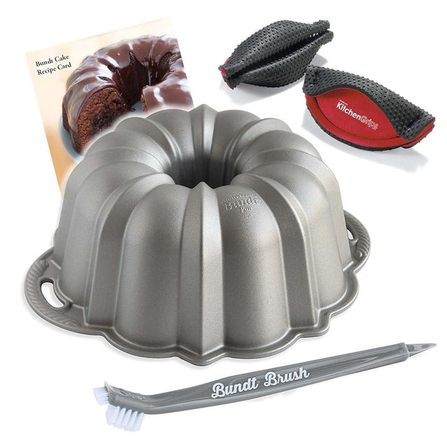 Nordic Ware Platinum Silver Anniversary 12 Cup Bundt Pan With Cleaning Tool + Kitchen Grips Pot Holder and Recipe Card