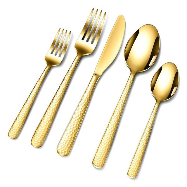 Gold Hammered Silverware Set, 30 Pieces Flatware Set for 6, 18/10 Premium Stainless Steel Materials, Luxurious and Hammered Texture Design Cutlery Set, Mirror Polished Utensil Set, Dishwasher Safe