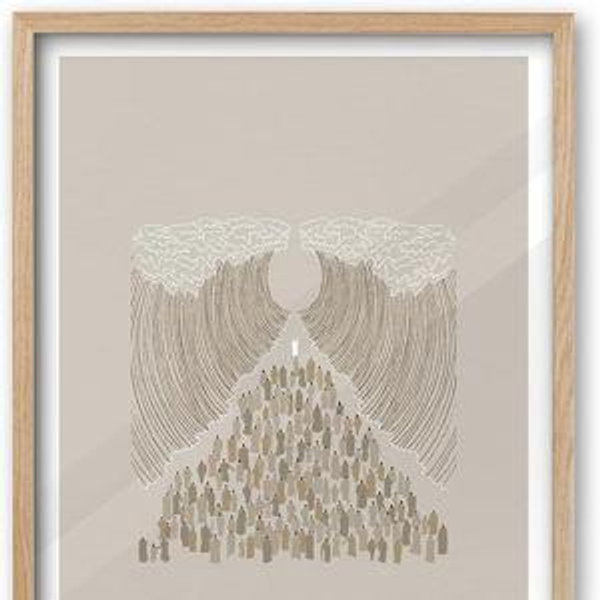 iHery Natural OAK Wood Moses Parting The Red Sea Framed Wall Art, 12x16 in Modern Christian Bible Verses Canvas Art, Sketches Crossing Decor, Beige Logs Set of 1 for Living Room Bedroom