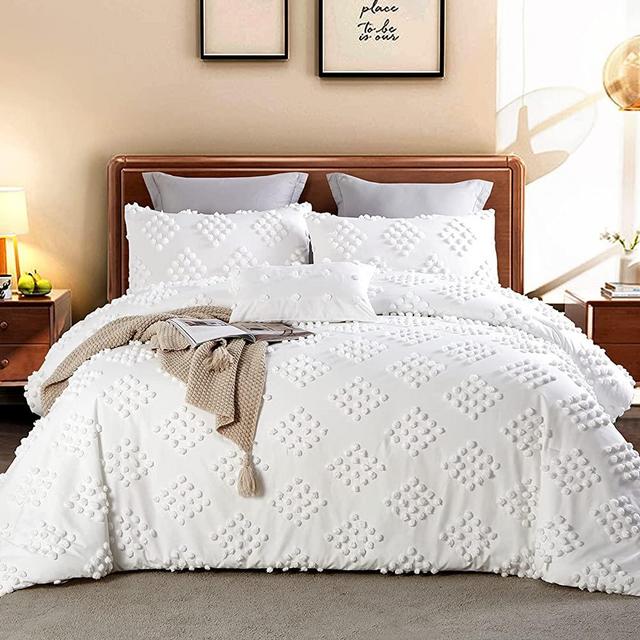 King Size Comforter Set Boho White Comforter Bedding King Size Fluffy and Lightweight Winter Tufted Comforters for King Size Bed (White,King)