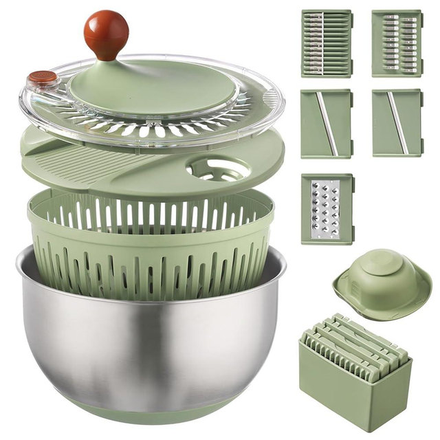 Stainless Steel Salad Spinner with Blades Slicer, Medium-sized Lettuce Veggie Fruit Spinner and Strainer, Multipurpose Vegetable Washer Dryer with Lid, Dishwasher Safe,slicing tools and shreds tools