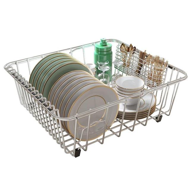 ESBOLM Dish Drainers for Inside Sink - Adjustable Over Sink Stainless Steel Dish Rack,Expandable 15.1" to 21.28" Dish Drying Rack,with Utensil Holder-X-Large(for 3-6 People)