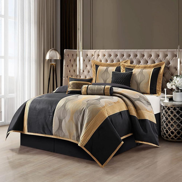 Grand Avenue Elegant Black and Gold Comforter Set, Striped, 7 Pieces Jacquard Bedding Sets with Comforter, Bed Skirt, Pillows & Shams, California King Size All Season, Lightweight Microfiber