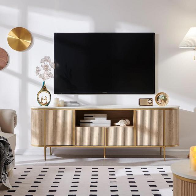 OKD Luxury 70" Fluted TV Stand, Modern Entertainment Center for TVs Up to 80 inches, TV Console with Faux Marble Top, Curved Profile Design, Media Console for Living Room, Natural Oak