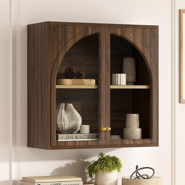 EYYTHUNG Bathroom Wall Cabinet, Medicine Cabinets with Arched Acrylic Door, ver Toilet Storage Cabinet with Adjustable Shelf for Bathroom, Living Room, Brown
