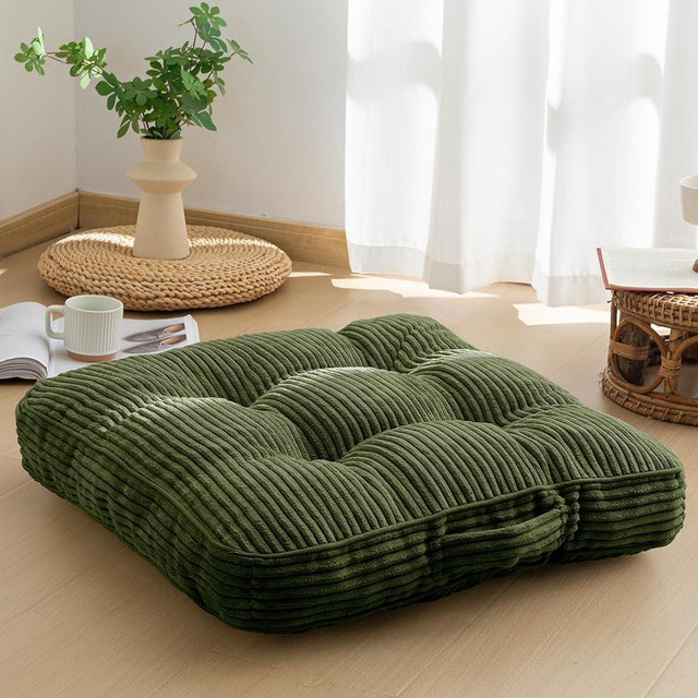 HIGOGOGO Floor Pillow Cushion for Adults, Meditation Cushion Pillow, Large Square Floor Sitting, Tufted Corduroy Cover, for Tatami Living Room or Yoga, 22x22 Inch, Dark Green