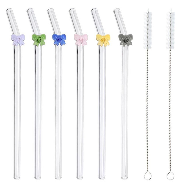 6 Pcs Reusable Glass Straws with 2 Cleaning Brushes,Colorful Shatter Resistant Bend Straws for Cocktails Smoothies Milkshakes Juices Teas Bar Accessories (bow)