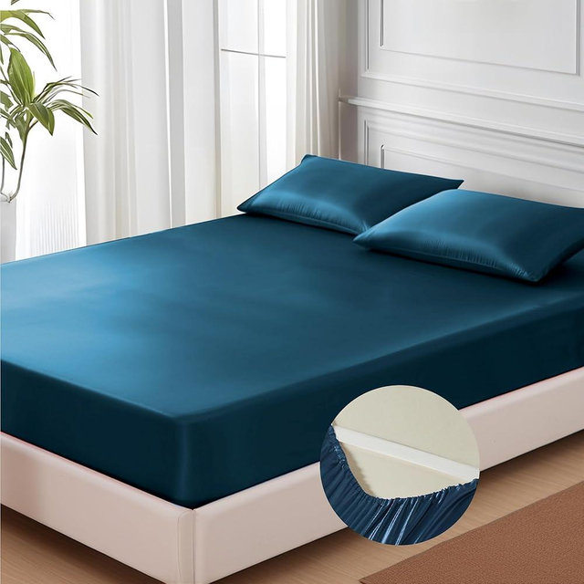 MR&HM Satin Fitted Sheet King Size, Silky Bottom Sheet with Elastic Corner Straps, Deep Pocket up to 15 Inch, No More Slipping Off for Mattress - 1 Fitted Sheet Only (Teal)