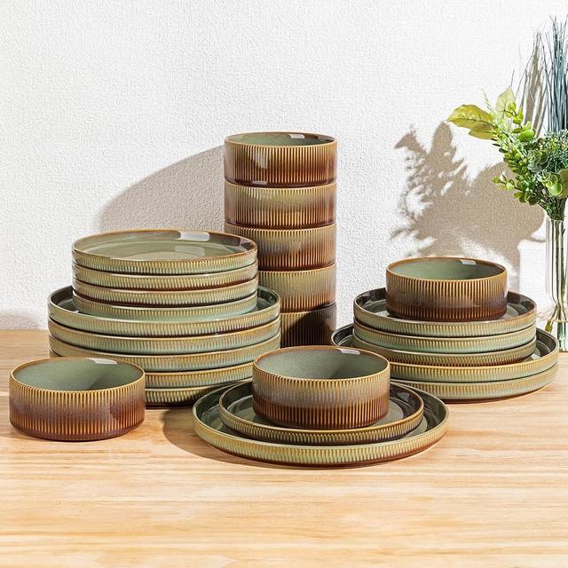 TheTerra Ceramic Dinnerware Sets for 8, 24 Pieces Porcelain Lightweight Plates and Bowls Sets, Scratch Resistant Dish Set, Oven & Microwave & Dishwasher Safe, Sage Umber