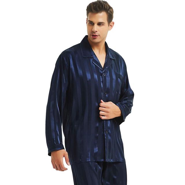 Mens Silk Satin Pajamas Set Sleepwear Loungewear Navy Blue XL