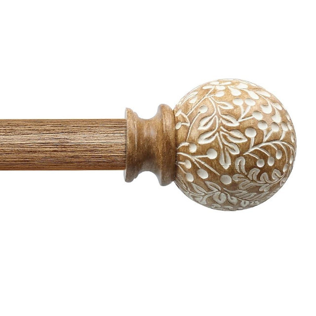 LDSP Wood Curtain Rod For Windows 48 to 84 Inch, 1Inch Adjustable Brown Imitation Wood Grain Flower Leaf Pattern Finials, Heavy Duty Indoor/Outdoor Modern Curtain Pole