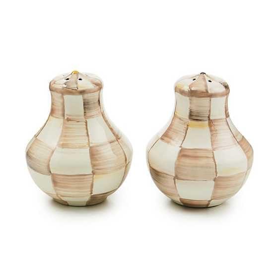 MACKENZIE-CHILDS Enamel Salt and Pepper Shakers, Kitchen Table Spice Shaker Set, Brown-and-White Mocha Check, Small