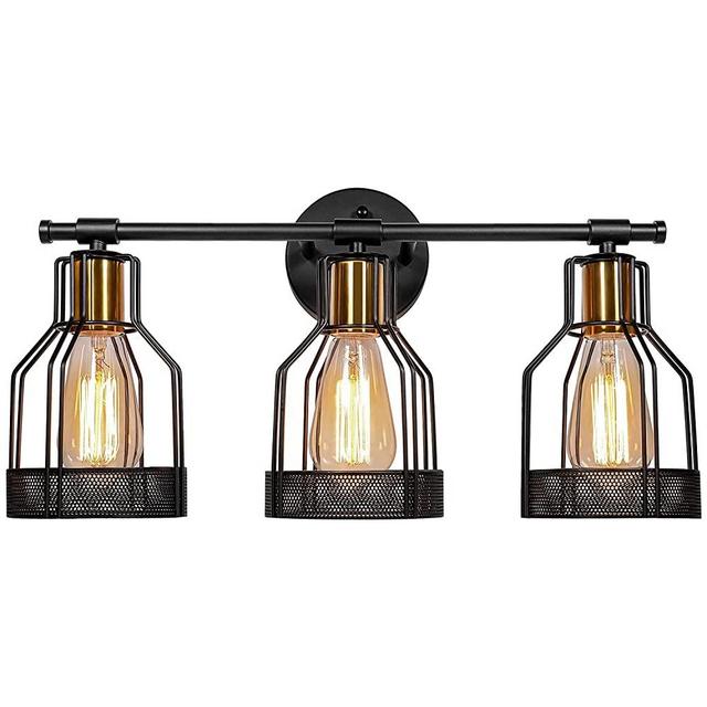 3-Light Industrial Bathroom Vanity Light Farmhouse Style Metal Cage Vintage Vanity Wall Sconce Lighting Black&Gold E26 Edison Rustic Wall Light Fixture for Bathroom Vanity Mirror Dressing Cabinet