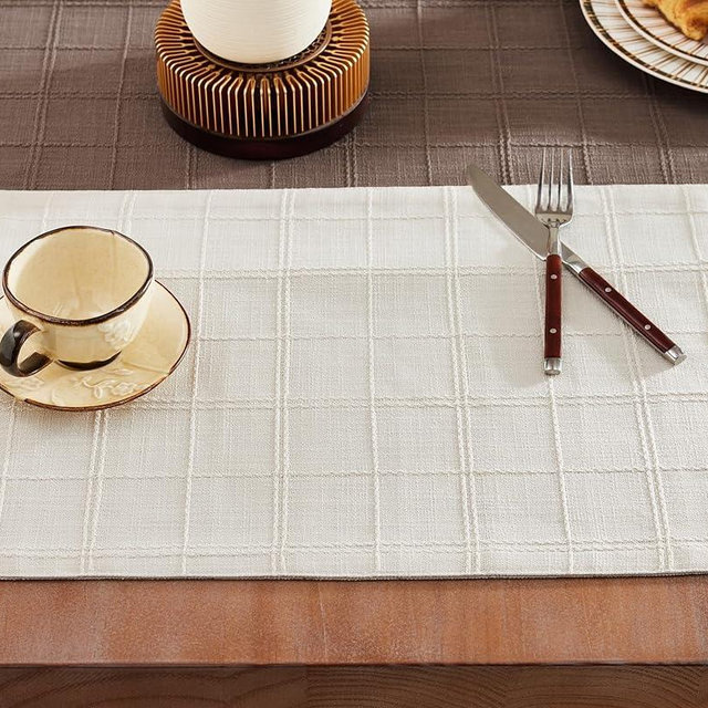 ZeeMart Linen Checked Placemats Set of 6, Plaid Embroidery Textured Table Mats, Double Layer Thick Farmhouse Rustic Place Mats for Kitchen Dining Table Home Decor, Ivory 13x19 Inch